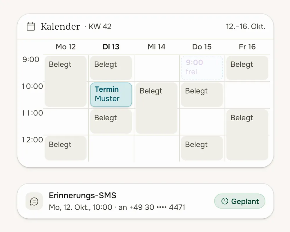 Der Assistent fragt freie Zeiten ab und trägt den gewählten Termin im Kalender ein, während der Anrufer am Telefon ist