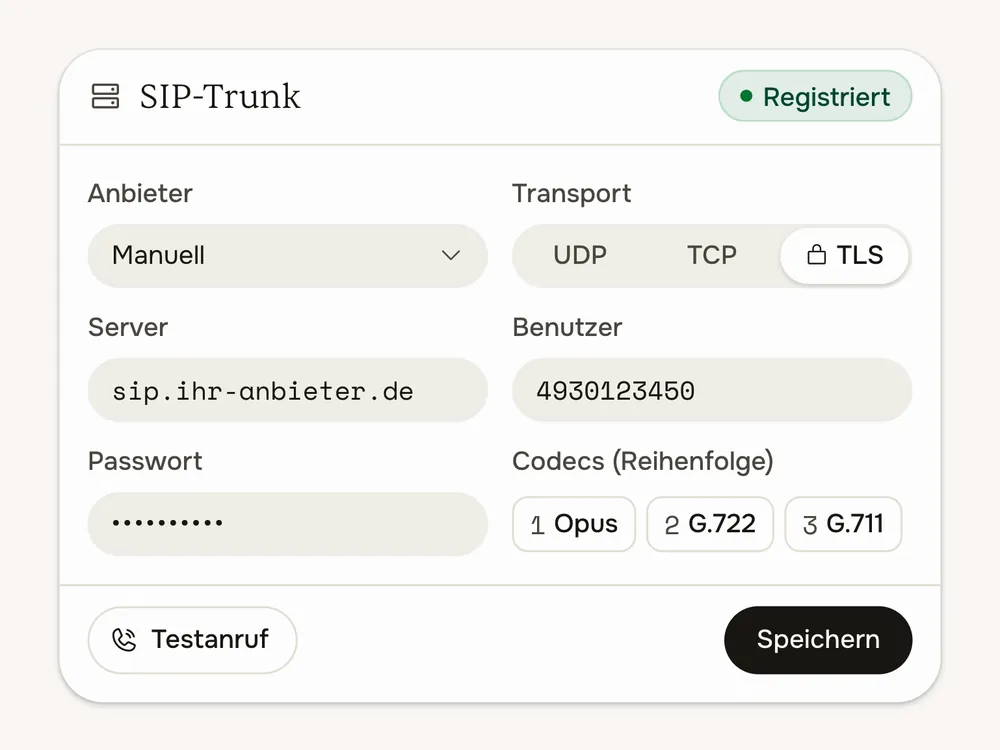 Einen SIP-Trunk anlegen: Zugangsdaten Ihres Anbieters eintragen, Status Registriert, Testanruf