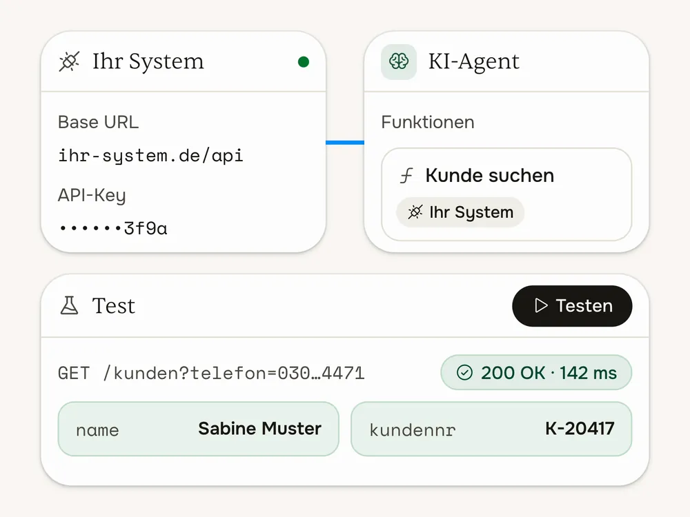 In fertig.ai eine Verbindung mit Zugangsdaten anlegen und eine Funktion hinzufügen, die der Agent im Gespräch nutzt