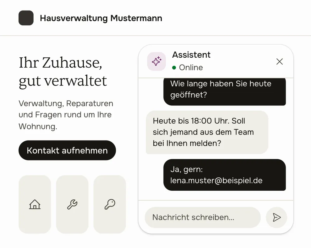 Der KI-Chatassistent auf einer Website beantwortet eine Frage und legt für das Team ein Ticket an