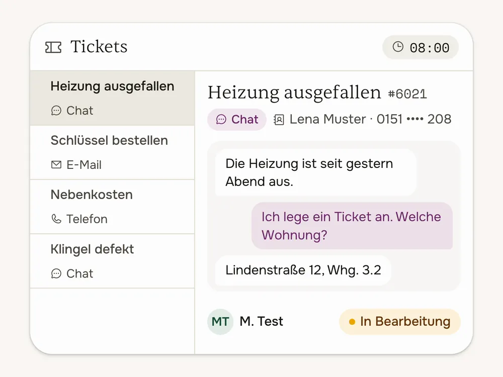 Aus dem Website-Chat wird ein Ticket mit dem ganzen Verlauf, am Morgen übernimmt das Team