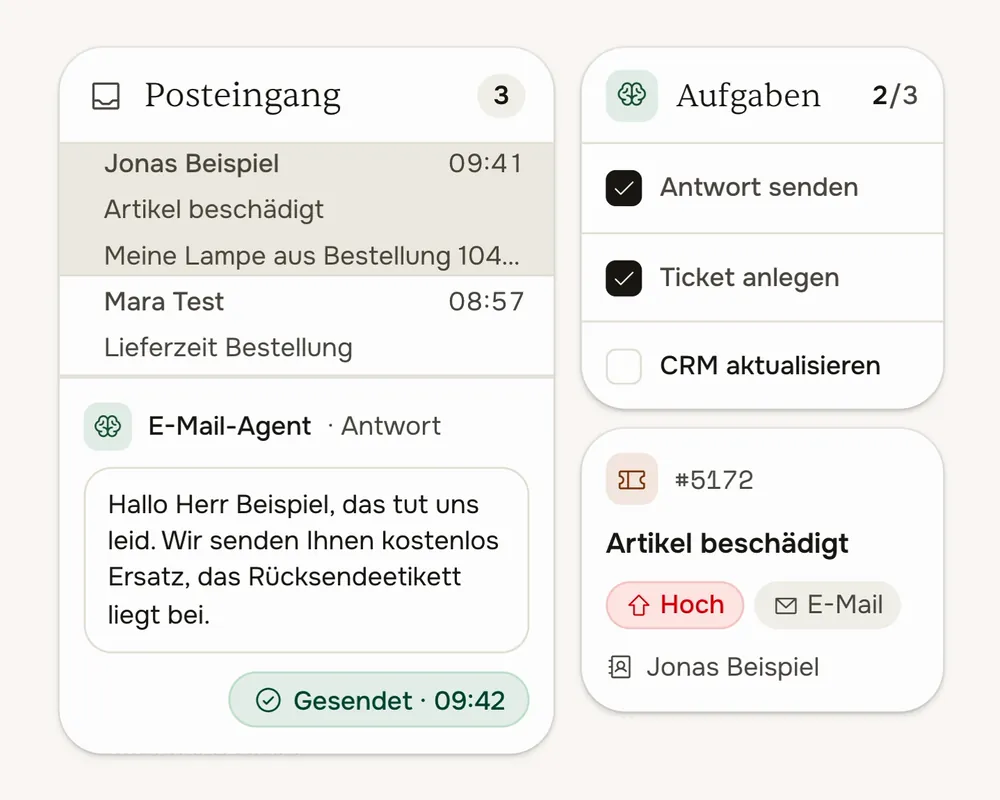 Der E-Mail-Agent liest eine eingehende E-Mail, beantwortet sie und trägt den Vorgang im CRM ein