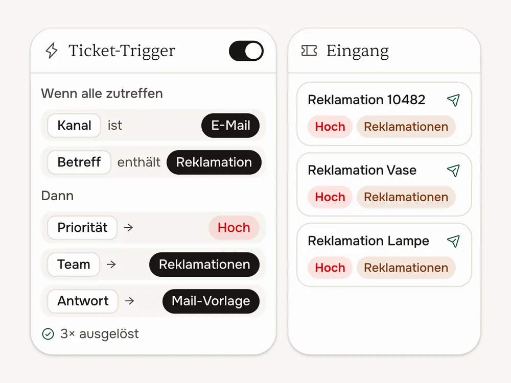 Ein Ticket-Trigger ohne Programmierung: Bedingungen und Aktionen festlegen, neue Tickets erhalten Priorität und Team