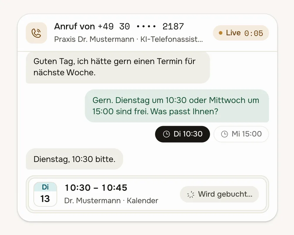 Ein Anruf in fertig.ai: Der KI-Telefonassistent klärt das Anliegen, bucht einen Termin und schickt die Bestätigung per SMS