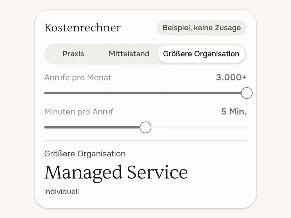 Eine Beispielrechnung: Anrufe im Monat und Minuten pro Anruf ergeben die monatlichen Kosten des Assistenten