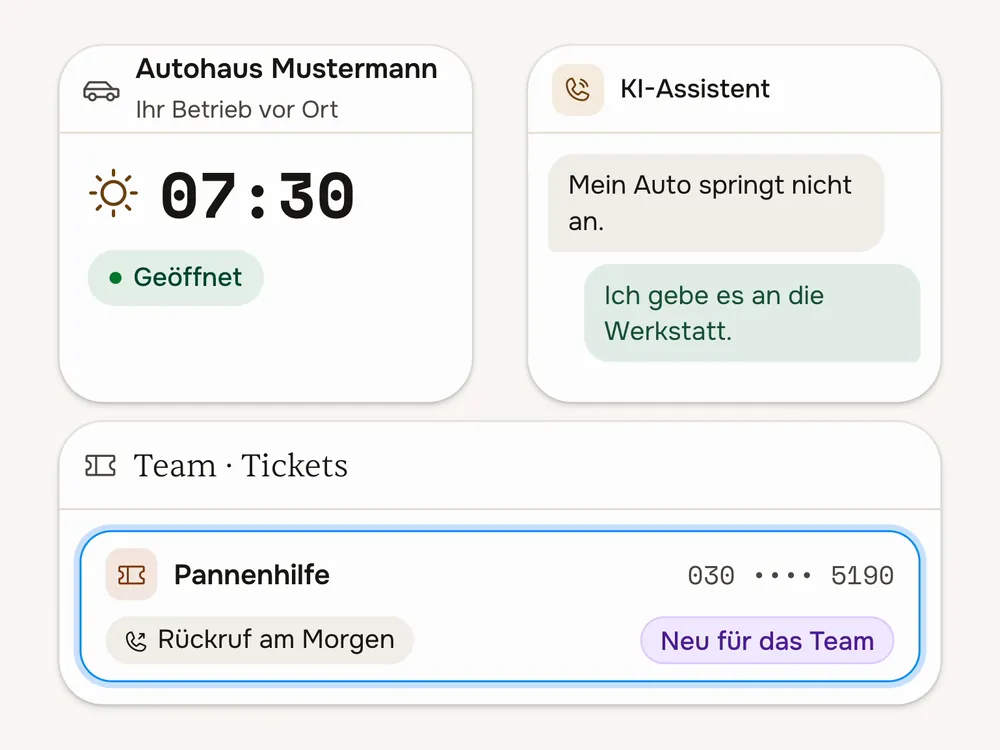 Vor Öffnung meldet ein Kunde eine Panne, der KI-Assistent gibt es an die Werkstatt weiter, das Team findet ein Ticket für den Rückruf.