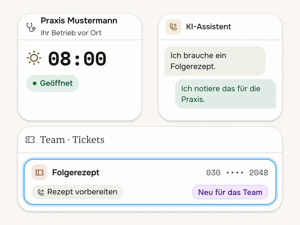Vor der Sprechzeit nimmt der KI-Assistent einen Folgerezept-Wunsch auf, das Praxisteam findet ihn als Ticket vor.