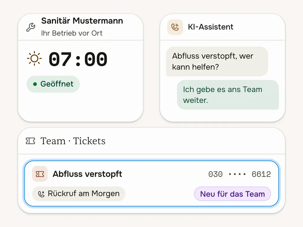 Ein Anruf beim Sanitärbetrieb: Der KI-Telefonassistent nimmt ab, gibt den verstopften Abfluss ans Team und legt ein Ticket für den Rückruf am Morgen an