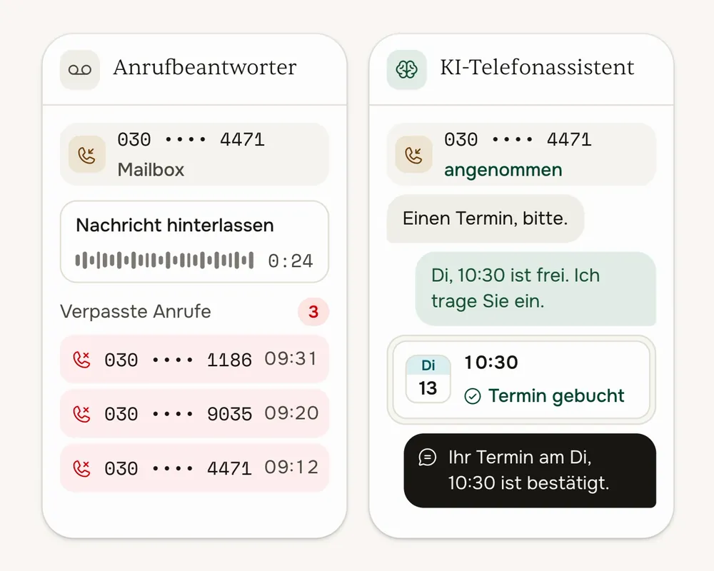 Derselbe Anruf zweimal: Beim Anrufbeantworter bleibt eine Nachricht, beim KI-Telefonassistenten ist der Termin gebucht