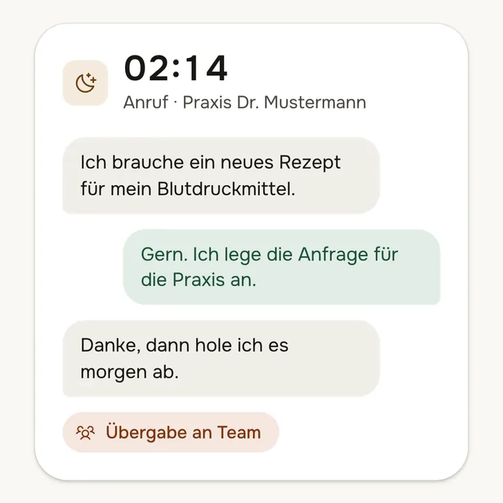 Anruf um 02:14 Uhr nachts: der KI-Agent nimmt eine Rezeptanfrage auf und übergibt sie an das Team